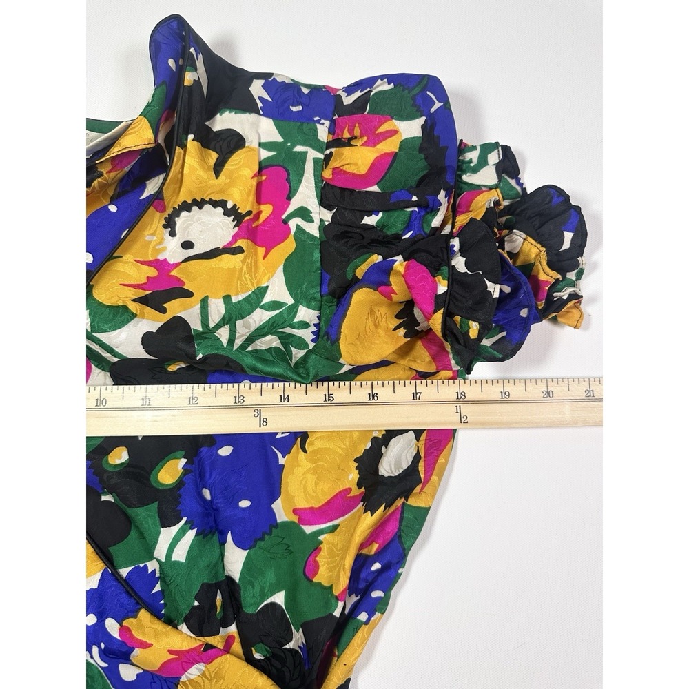VTG *RARE* 1980's Flora Kung 100% Silk Colorful Floral Puff Sleeve Wrap Dress 6 - Picture 14 of 16